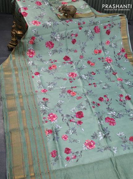 Pure dupion silk saree pastel green with allover floral prints and long zari woven border