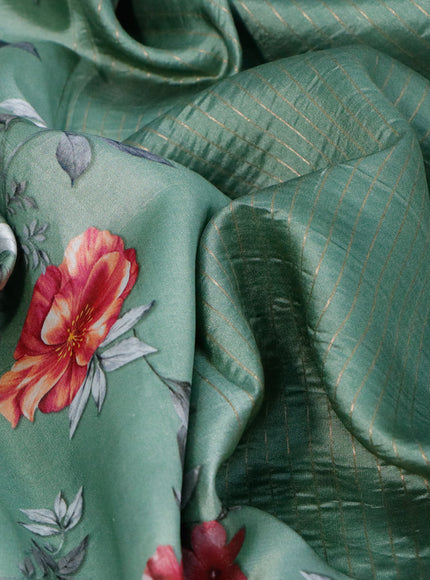 Pure dupion silk saree pastel green with allover floral prints and long zari woven border