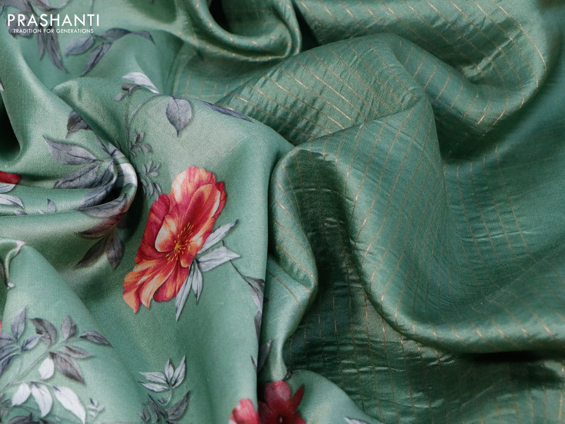 Pure dupion silk saree pastel green with allover floral prints and long zari woven border