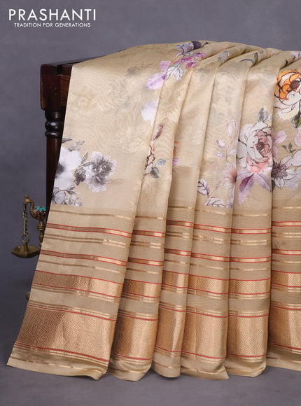 Pure dupion silk saree beige with allover floral prints and long zari woven border