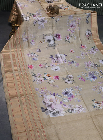 Pure dupion silk saree beige with allover floral prints and long zari woven border