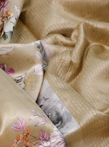 Pure dupion silk saree beige with allover floral prints and long zari woven border