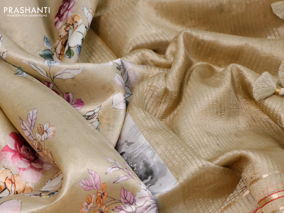 Pure dupion silk saree beige with allover floral prints and long zari woven border