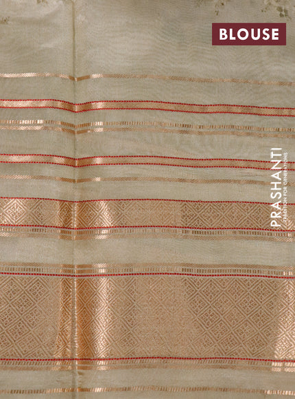 Pure dupion silk saree beige with allover floral prints and long zari woven border