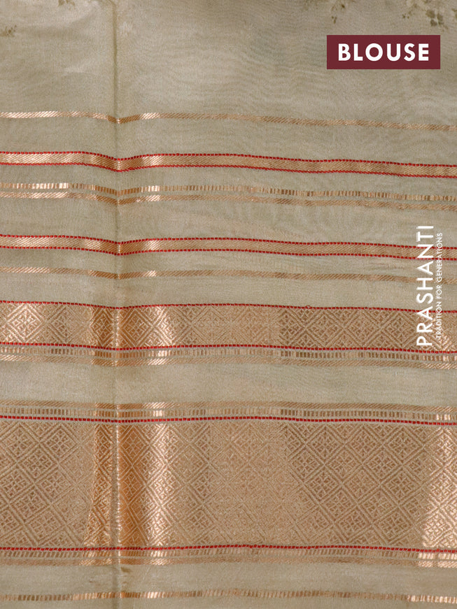 Pure dupion silk saree beige with allover floral prints and long zari woven border