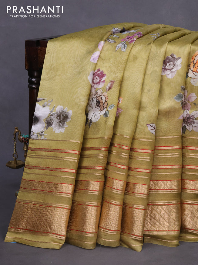 Pure dupion silk saree elaichi green with allover floral prints and long zari woven border