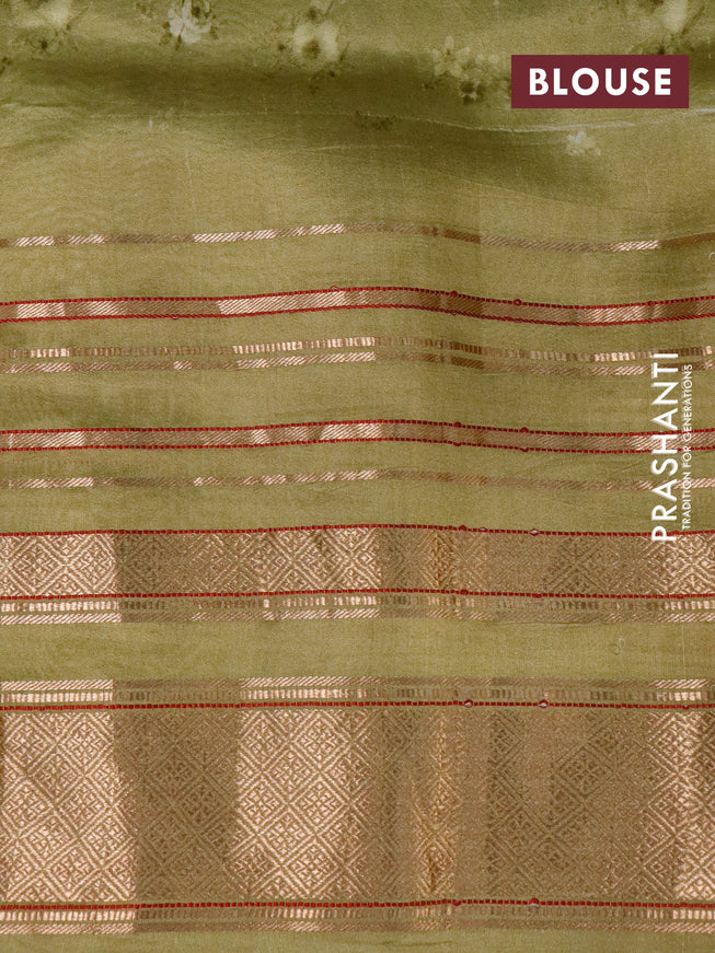 Pure dupion silk saree elaichi green with allover floral prints and long zari woven border