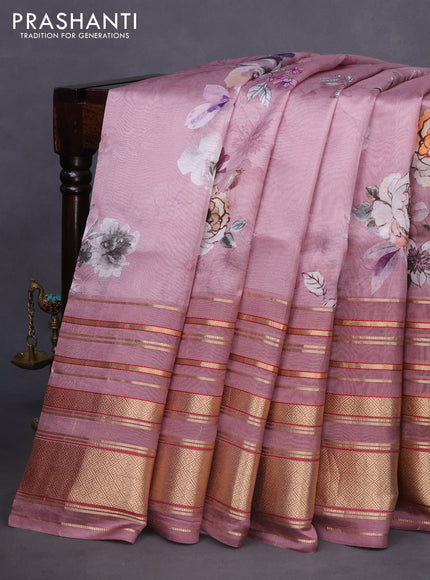 Pure dupion silk saree pastel pink with allover floral prints and long zari woven border