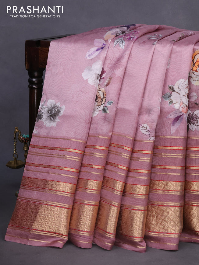 Pure dupion silk saree pastel pink with allover floral prints and long zari woven border