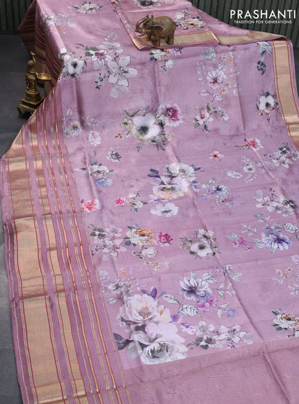 Pure dupion silk saree pastel pink with allover floral prints and long zari woven border