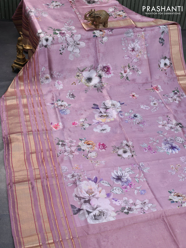 Pure dupion silk saree pastel pink with allover floral prints and long zari woven border