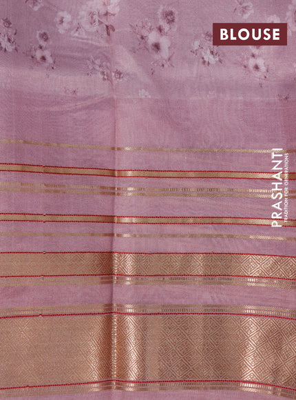 Pure dupion silk saree pastel pink with allover floral prints and long zari woven border