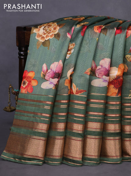 Pure dupion silk saree green with allover floral prints and long zari woven border