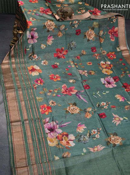 Pure dupion silk saree green with allover floral prints and long zari woven border