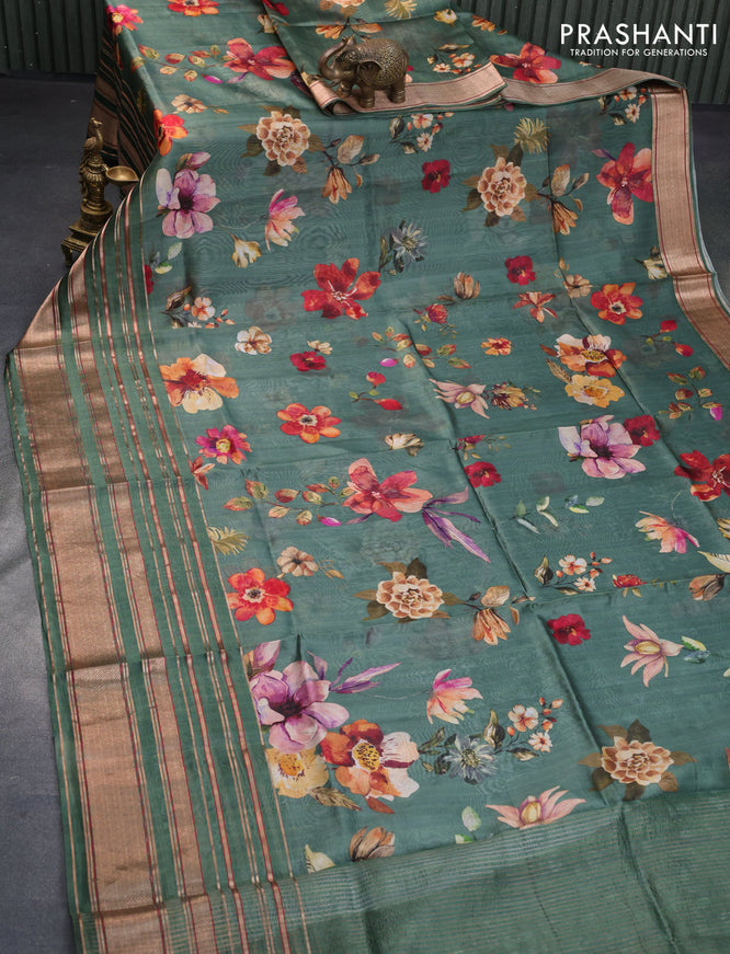 Pure dupion silk saree green with allover floral prints and long zari woven border