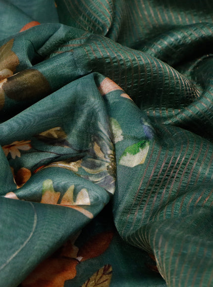 Pure dupion silk saree green with allover floral prints and long zari woven border