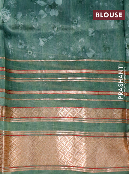 Pure dupion silk saree green with allover floral prints and long zari woven border