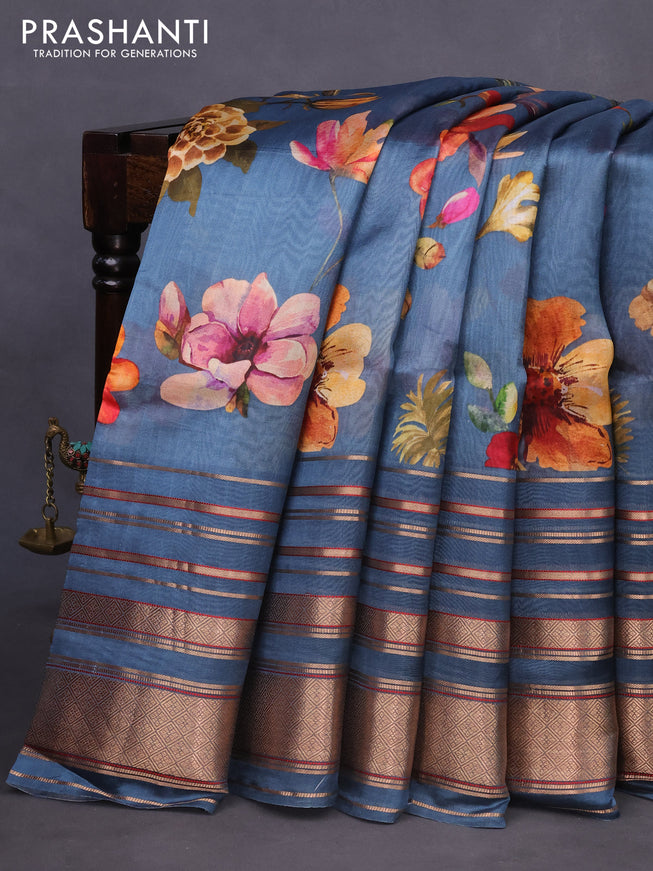 Pure dupion silk saree pastel blue with allover floral prints and long zari woven border