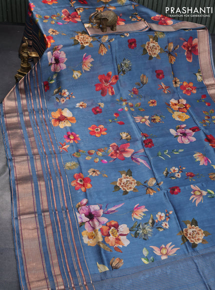 Pure dupion silk saree pastel blue with allover floral prints and long zari woven border