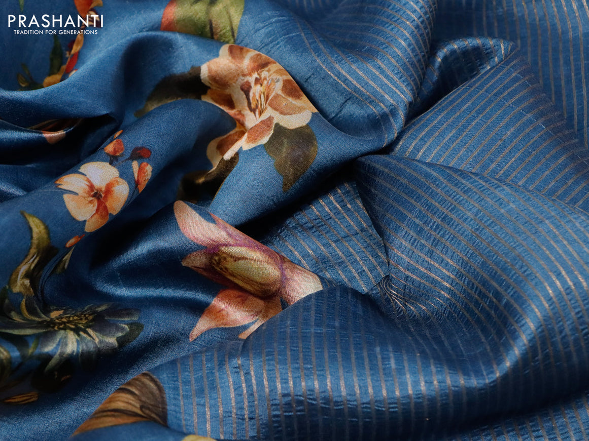 Pure dupion silk saree pastel blue with allover floral prints and long zari woven border