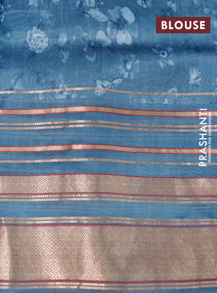 Pure dupion silk saree pastel blue with allover floral prints and long zari woven border