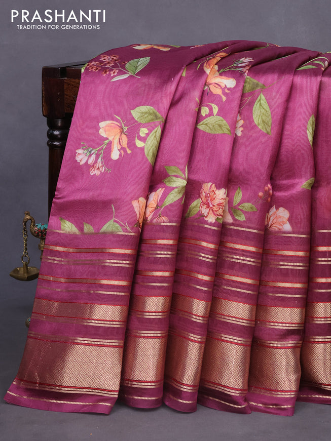 Pure dupion silk saree purple with allover floral prints and long zari woven border