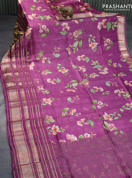 Pure dupion silk saree purple with allover floral prints and long zari woven border