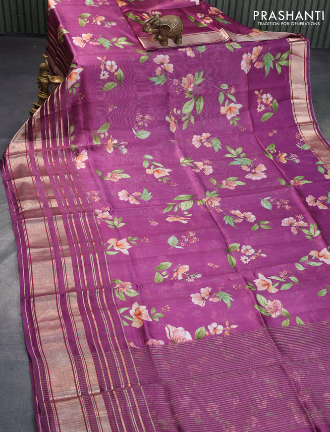 Pure dupion silk saree purple with allover floral prints and long zari woven border