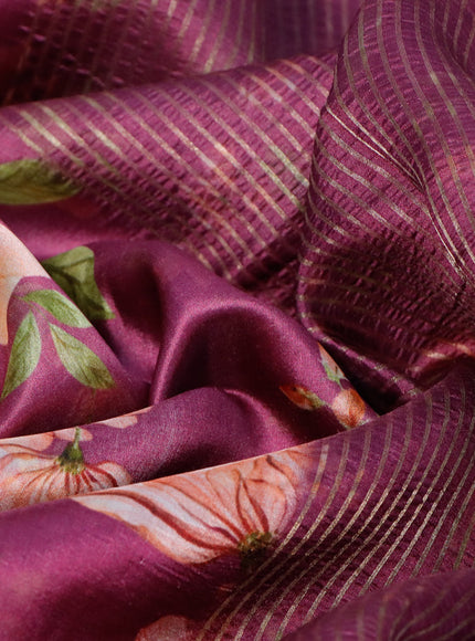 Pure dupion silk saree purple with allover floral prints and long zari woven border