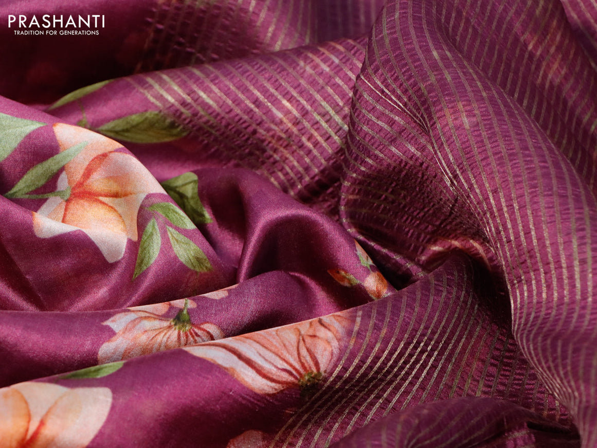 Pure dupion silk saree purple with allover floral prints and long zari woven border