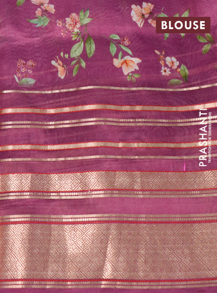 Pure dupion silk saree purple with allover floral prints and long zari woven border