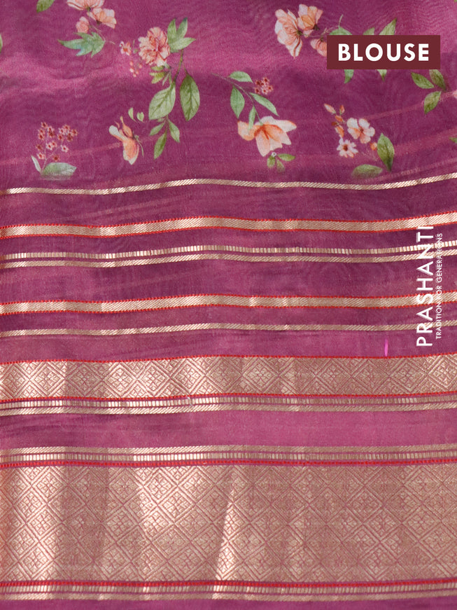 Pure dupion silk saree purple with allover floral prints and long zari woven border