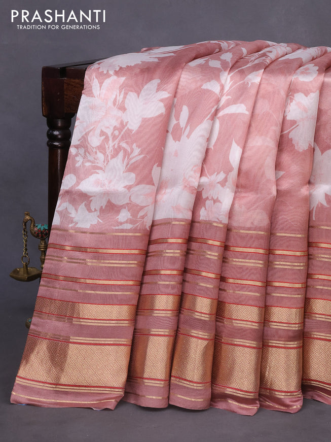 Pure dupion silk saree pastel pink with allover floral prints and long zari woven border