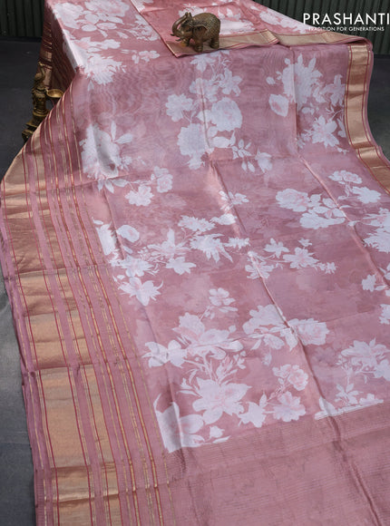 Pure dupion silk saree pastel pink with allover floral prints and long zari woven border