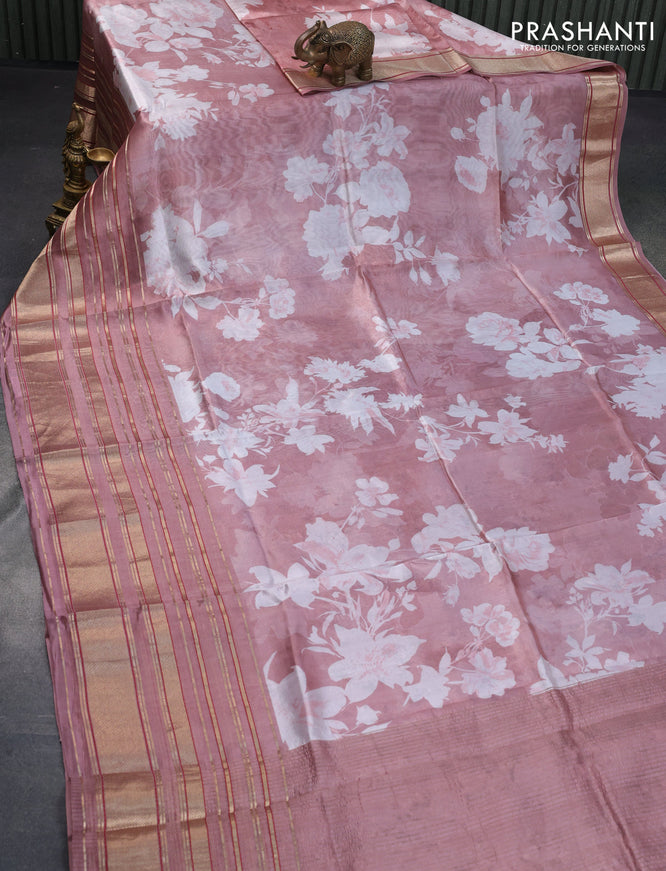 Pure dupion silk saree pastel pink with allover floral prints and long zari woven border