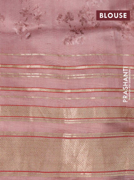 Pure dupion silk saree pastel pink with allover floral prints and long zari woven border