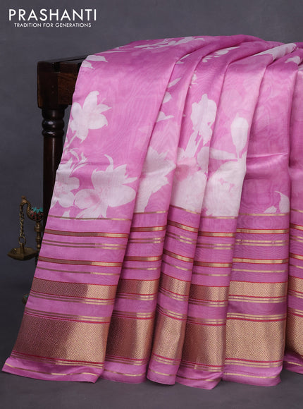 Pure dupion silk saree pink with allover floral prints and long zari woven border