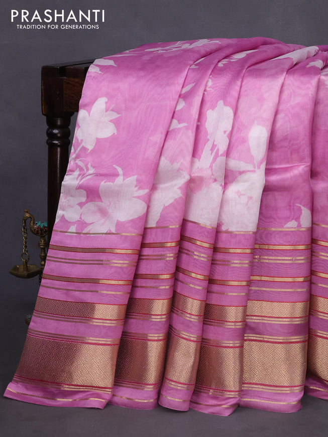 Pure dupion silk saree pink with allover floral prints and long zari woven border