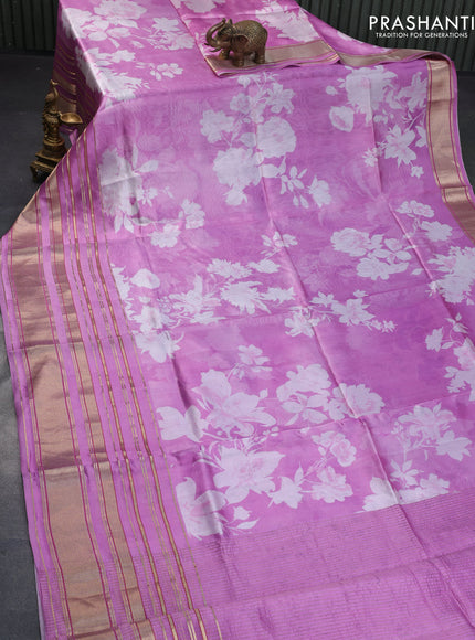 Pure dupion silk saree pink with allover floral prints and long zari woven border