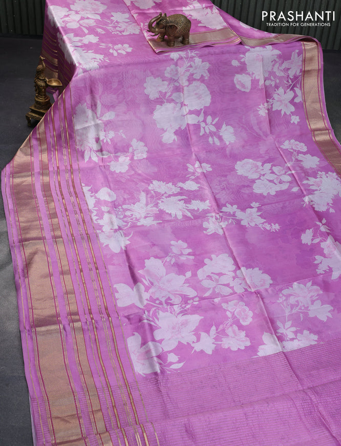 Pure dupion silk saree pink with allover floral prints and long zari woven border