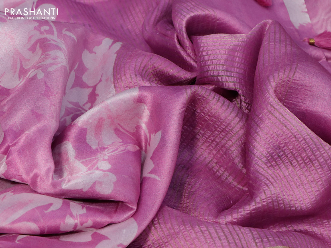 Pure dupion silk saree pink with allover floral prints and long zari woven border