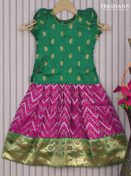 Banarasi kids lehenga dark green and magenta pink with simple neck pattern and zig zag zari weaves & and zari woven border