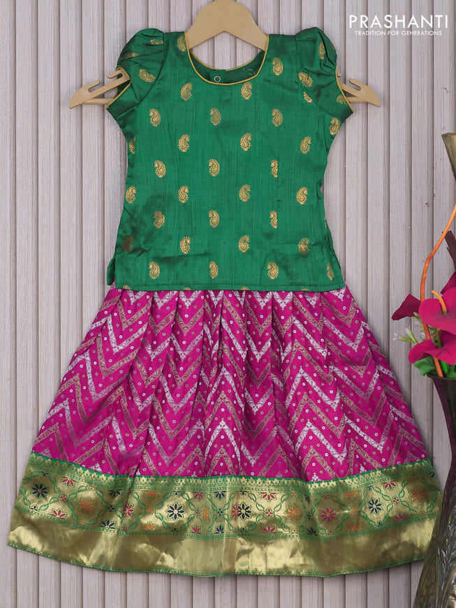 Banarasi kids lehenga dark green and magenta pink with simple neck pattern and zig zag zari weaves & and zari woven border