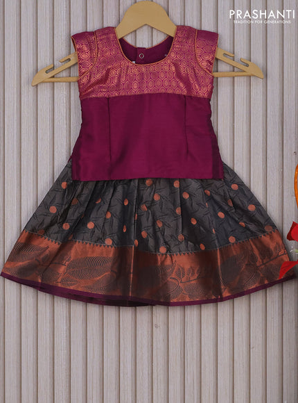 Mangalagiri cotton kids lehenga deep purple and grey shade with patch work neck pattern and self emboss buttas & zari woven border