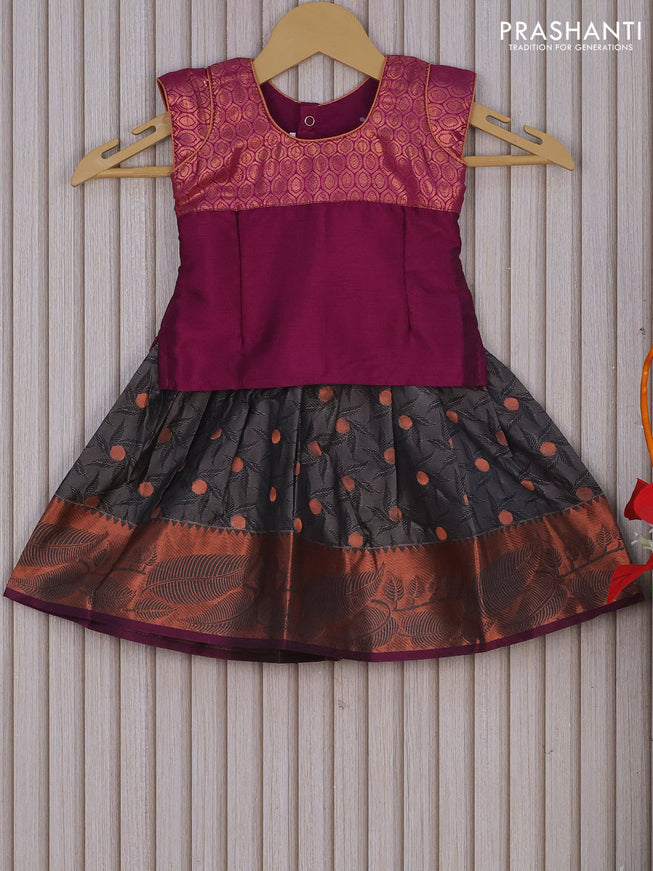 Mangalagiri cotton kids lehenga deep purple and grey shade with patch work neck pattern and self emboss buttas & zari woven border