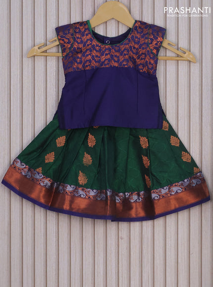 Mangalagiri cotton kids lehenga navy blue and bottle green with patch work neck pattern and self emboss buttas & zari woven border