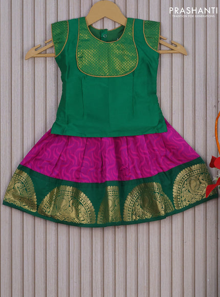 Mangalagiri cotton kids lehenga green and purple with patch work neck pattern and self emboss & zari woven border