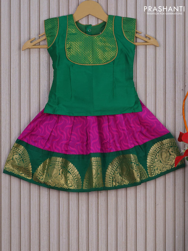 Mangalagiri cotton kids lehenga green and purple with patch work neck pattern and self emboss & zari woven border