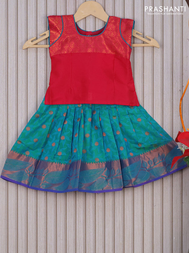 Mangalagiri cotton kids lehenga dark pink and green shade with patch work neck pattern and self emboss & zari woven border