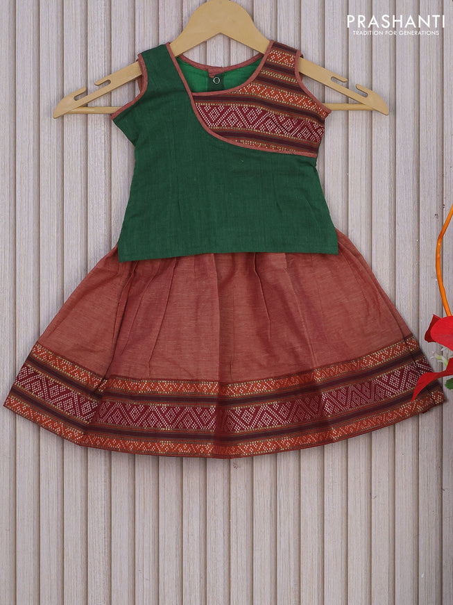 Mangalagiri cotton kids lehenga green and brown shade with patch work neck pattern and zari woven border